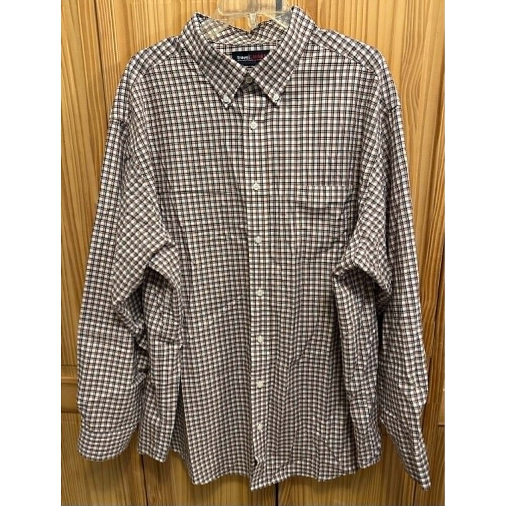 Roundtree Yorke Travel Smart Mens 2XB Button Long Sleeve Brown Black Plaid  NWOT